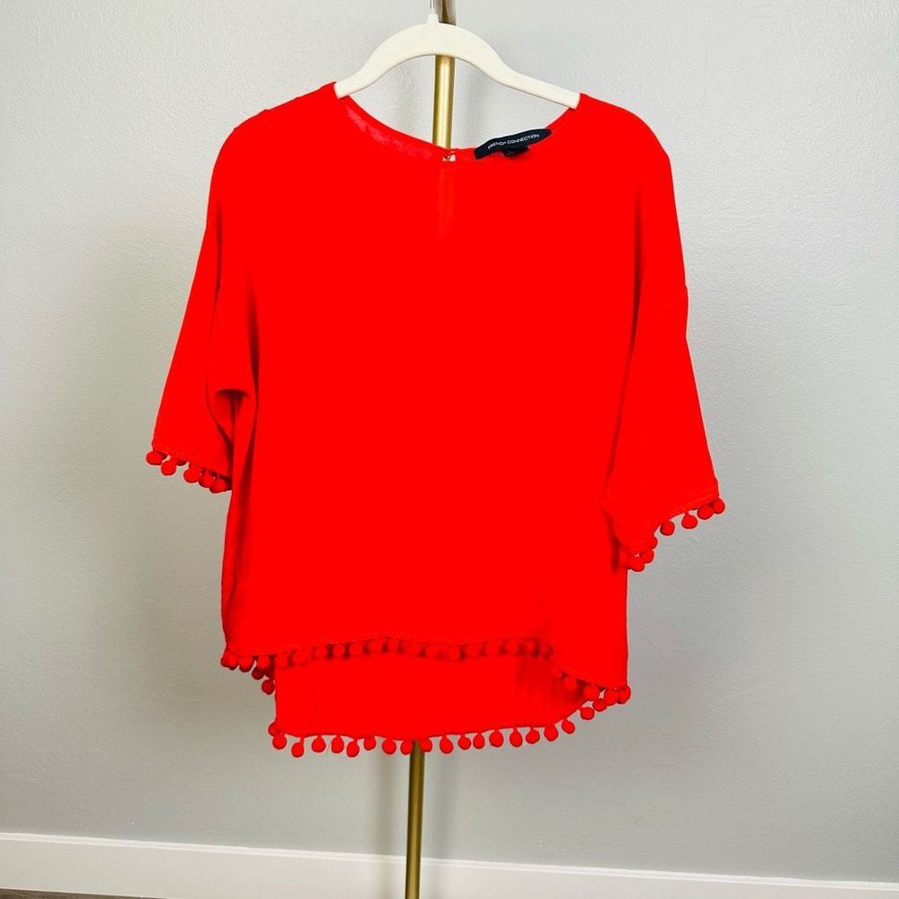 French Connection Pom Pom Trim Short Sleeve Red Blouse Size Small Over Size